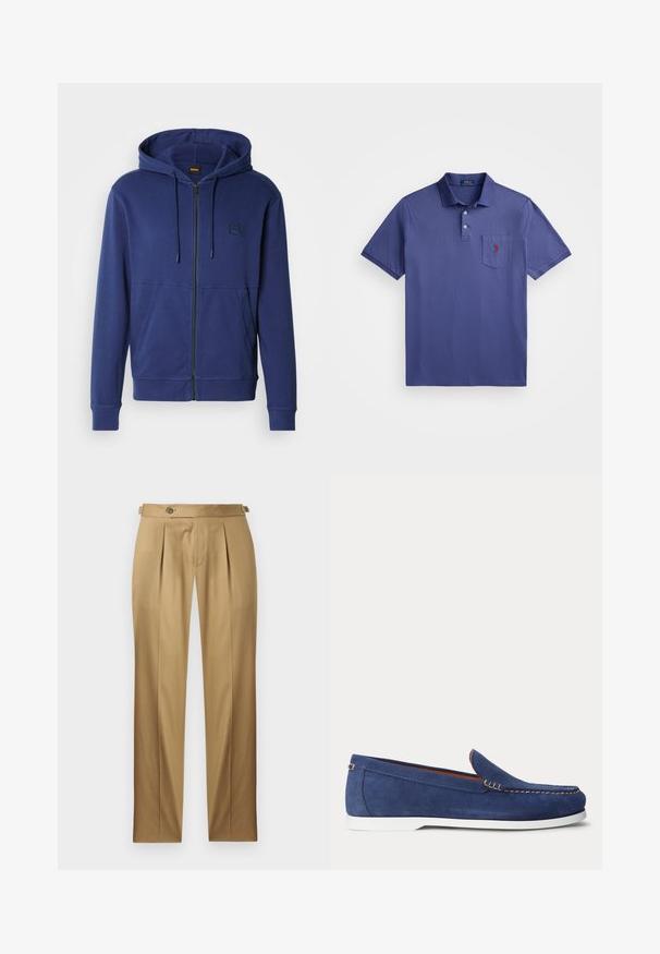 Tumesinine kapuutsiga dressipluus, valmistatud pehmest kangast, varustatud täislukuga, kapuutsinööri ja esitaskutega, rinnal väike logo.; Lilla polo särk, mis on valmistatud puuvillast, kolme nööbiga kaelusega, lühikeste varrukatega ja rinnataskuga, millel on punane logo tikand.; Beežid püksid sirge lõikega, millel on voldid, nööpkinnitus ja vööaasad. Sile kangas puhta ja viimistletud väljanägemisega.; Tumesinised seemisnahast mokassiinsussid valge kummist tallaga, kontrastse õmblemise ja libistatava disainiga. Küljes väike kuldse tooni detail.