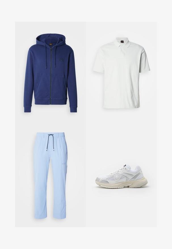 Felpa con cappuccio blu navy in tessuto morbido, con zip integrale, cappuccio con coulisse e tasche frontali, con un piccolo logo sul petto.; Maglietta polo bianca in cotone, con colletto classico, due bottoni e logo del brand ricamato nella parte anteriore. Maniche corte.; Pantaloni jogger leggeri di colore azzurro, con vita elastica, cordoncino e tasche laterali sottili. Caratterizzati dal logo del brand sulla gamba destra.; Sneaker bianche sportive con pannelli in rete, suola in gomma e dettagli argentati. Presentano una punta arrotondata e un design con lacci per una vestibilità sicura.