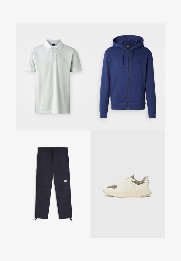 Tummansininen huppari pehmeästä kankaasta, jossa on täysi vetoketju, säädettävä huppu ja etutaskut, sekä pieni logo rinnassa.; Vaaleanvihreä polo-paita klassisella kauluksella, lyhyillä hihoilla ja kahden napin nappilistalla. Rinnassa on vaaleansinisellä brodeerattu logo.; Navy cargo-housut, jotka on valmistettu kevyestä kankaasta. Niissä on joustava vyötärö, kiristysnyöri, useita taskuja ja nilkkavetoketjut.; Valkoinen ja vaaleanbeige urheilukengät, joissa on verkkomateriaali yläosa, rei'itettyjä yksityiskohtia ja teksturoitu välipohja, jossa on brändäys kantapäässä.