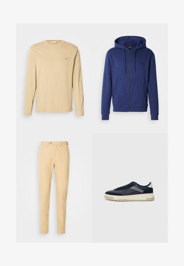 Tmavě modrá mikina s kapucí z měkké látky, s celopropínacím zipem, stahovací kapucí a předními kapsami, s malým logem na hrudi.; Beige tričeko s dlouhým rukávem a kulatým výstřihem, se malým vyšitým logem v horní části levého hrudníku, zobrazené na bílém pozadí.; Béžové kalhoty z bavlny se rovnýmu střihu, obsahující zapínání na knoflík, poutka na pásek a boční kapsy. Hladký povrch, bez vzorů.; BOSS BALTIMORE - Tenisky - open blue
