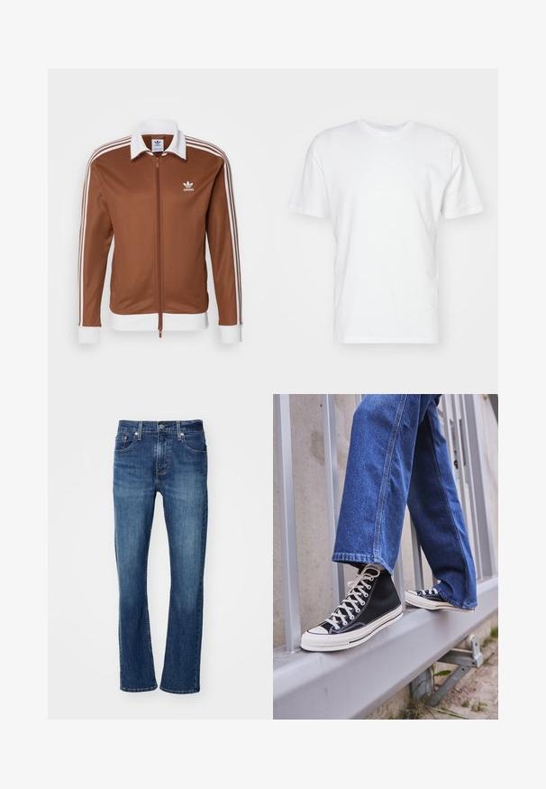 Brun atletisk jakke med hvid krave og manchetter, lynlås lukning og tre hvide striber langs ærmerne. Adidas-logo på brystet.; Hvid bomulds T-shirt med korte ærmer, rund halsudskæring og en glat tekstur. Enkel design uden mønstre eller grafik.; Levi's® 502™ TAPER - Jeans Tapered Fit - records on; Sorte høj-top sneakers med hvid sål og snørebånd, parret med løse blå denimjeans, hvilende på et gråt gelænder.