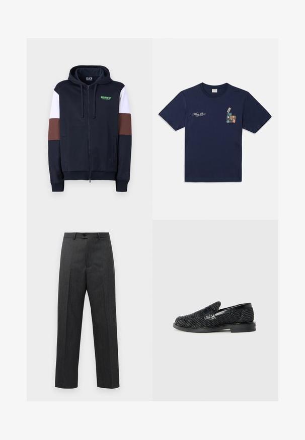 Sudadera con cremallera en azul marino con rayas de acento en blanco y marrón. Presenta una textura suave, bolsillos tipo canguro y un logo verde en el pecho.; Camiseta de algodón azul marino de manga corta, con un gráfico de cintas de casete apiladas y el texto "Killing Bees" en el pecho.; Pantalones formales de color gris oscuro con pliegues en la parte delantera, presillas para cinturón y un cierre de botón en la cintura, exhibidos contra un fondo blanco liso.; Zapato negro de tejido con un acento de cuero suave en la parte superior, diseño de punta redonda y suela de goma de perfil bajo.