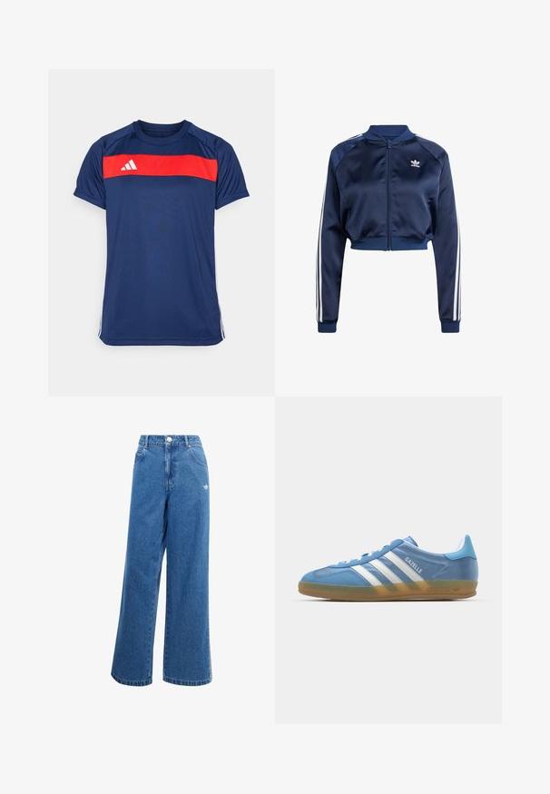 Granatowa satynowa kurtka bomberka z białymi akcentami w postaci trzech pasków, ściągaczami przy rękawach i dolnej krawędzi, przednim zamkiem błyskawicznym oraz wyszywanym logo na lewej piersi.; Granatowa koszulka sportowa z poziomym czerwonym paskiem na klatce piersiowej oraz trzema białymi paskami na rękawach. Materiał jest gładki i lekki.; Szerokie niebieskie dżinsy o wysokim stanie, z przednimi kieszeniami i małym białym logo na biodrze. Lekko wyblakła tekstura.; adidas Originals GAZELLE INDOOR niebieski