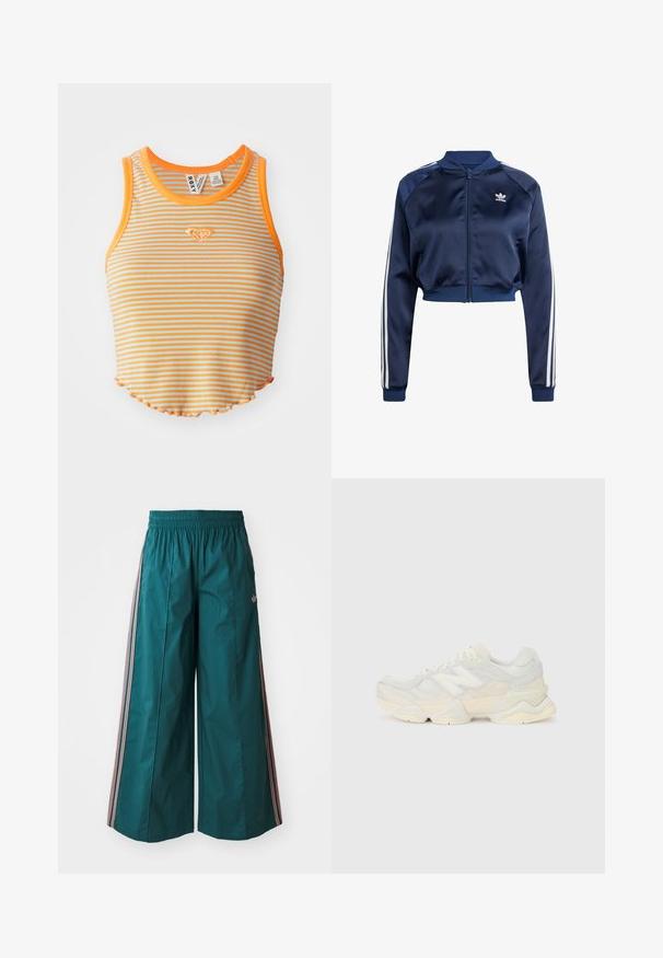 Chaqueta bomber de satén azul marino con acentos en blanco de tres rayas, puños y dobladillo acanalados, cremallera frontal y un logotipo bordado en el lado izquierdo del pecho.; Top corto a rayas en naranja y azul claro, con textura acanalada, escote redondo y dobladillo con puntilla. Pequeño logo de diamante bordado en el frente.; Pantalones de pierna ancha en color azul verdoso con cintura elástica, con detalles de rayas en rosa y blanco a los lados, hechos de una tela ligera.; Zapatilla ligera con parte superior de malla y ante en suaves tonos crema, con una suela gruesa y acentos tridimensionales.