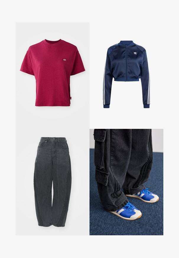 Námořnická saténová bombera s bílými trojpruhy, žebrovanými manžetami a lemem, předním zipem a vyšitým logem na levé hrudi.; Úzké tmavě červené tričko s krátkým rukávem a kulatým výstřihem, s malou vícebarevnou nášivkou značky na levé hrudi.; Pohodlné černé džíny z denimu s opraným vzhledem, pěti kapsami, zapínáním na knoflík v pase a prošíváním na přední straně a bocích.; Osoba v volných černých cargo kalhotách a modro-bílých teniskách stojící na tmavě modrém koberci.