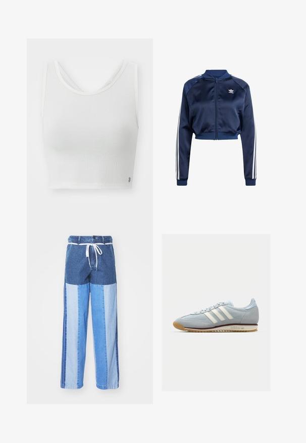 Navy satin bomber jacket with white three-stripe accents, ribbed cuffs and hem, front zipper, and an embroidered logo on the left chest.; White crop top featuring a textured fabric, scoop neckline, and a layered back design with a small logo accent on the side.; Blue denim pants featuring a patchwork design with varying shades of blue, a drawstring waist, and loose, straight-cut legs.; Light blue suede sneaker with white three stripes, rubber sole, and textured mesh. Features a smooth toe cap and branding on the heel.