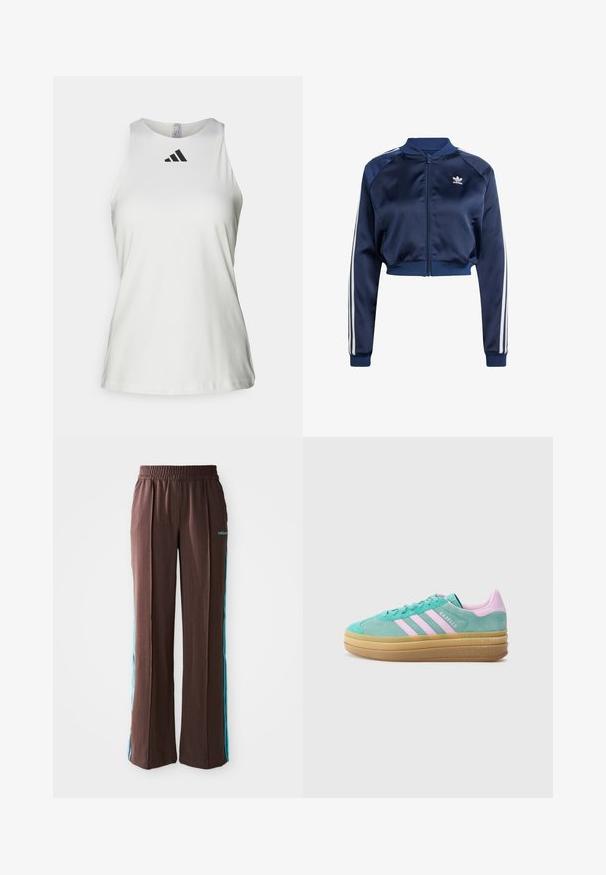 Marineblaues Satin-Bomberjacke mit weißen Dreistreifenakzenten, gerippten Bündchen und Saum, Frontreißverschluss und gesticktem Logo auf der linken Brust.; Weißes ärmelloses Sporttop aus glattem Stoff, mit runder Ausschnitt und schwarzem Adidas-Logo auf der Vorderseite.; Braune Sporthosen mit gerippter Textur, elastischem Bund und türkisfarbenen Seitenstreifen. Mit dem adidas-Logo auf der Vorderseite.; adidas Originals GAZELLE BOLD - Sneaker low - powder teal/bliss lilac/pure teal
