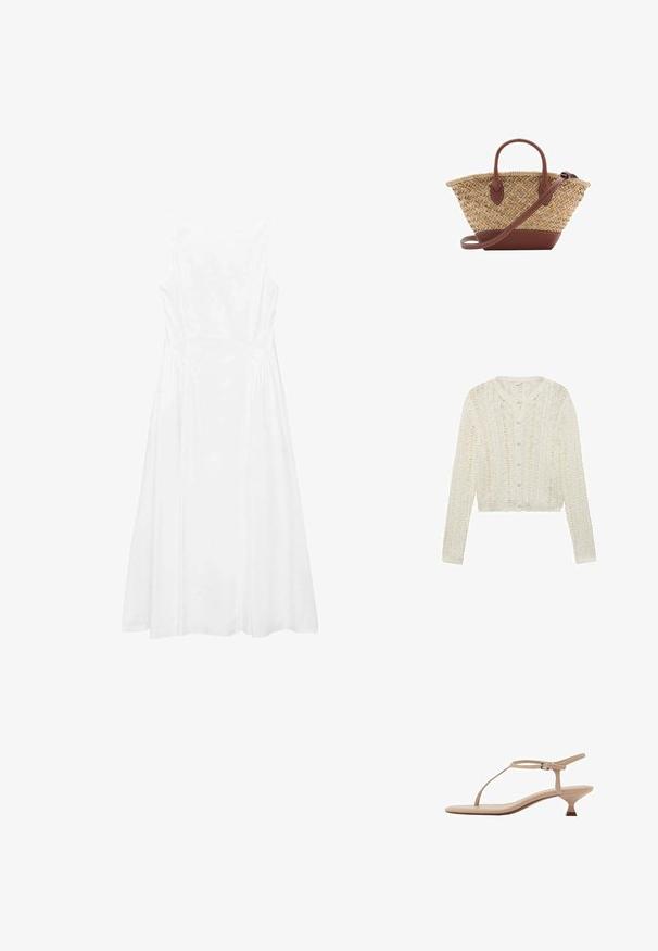 Valkoinen neulotusta langasta valmistettu kardigan, jossa on pitkät hihat, pyöreä pääntie ja nappikiinnitys. Kardigaanissa on teksturoitu kuvio ja lyhyt malli.; Valkoinen hihaton mekko, jossa on yksinkertainen muotoilu, A-linjainen malli, sileä kuitu ja sauma-yksityiskohtia sivuilla.; Beige kantainen sandaali ohuella T-nauhakulmalla, säädettävällä nilkkahihnalla, matalalla lohkoheelillä ja sileällä pinnalla.; Kudottu olkilaukku ruskeilla nahkaosilla, kahdella kahvalla ja irrotettavalla hihnalla. Koukkumainen muoto, jossa tukeva pohja.