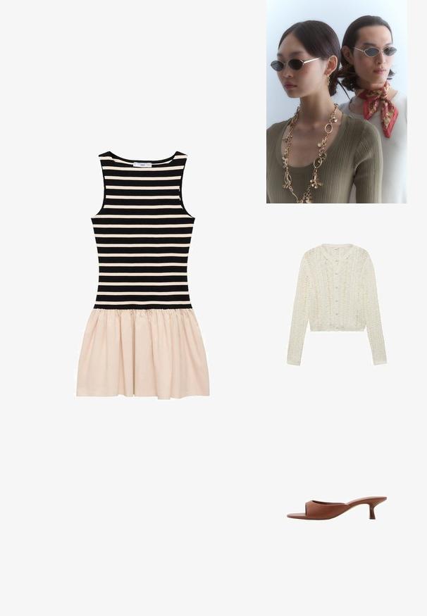 Witte gebreide cardigan met lange mouwen, een ronde halslijn en knoopsluiting, met een gestructureerd patroon en cropped ontwerp.; Gestreepte jurk met een zwart en crèmekleurig bovenstuk en een crèmekleurige geplooide rok. Gemaakt van zachte stof met een ronde halslijn en mouwloos ontwerp.; Bruine open teen hakschoenen met een gladde, matte afwerking, met een gebogen ontwerp en een transparante, taps toelopende hak.; Ronde zonnebrillen met donkere lenzen en dunne zilveren monturen. De ene persoon draagt een gouden ketting, terwijl de andere een rood patroon sjaal heeft.; Geweven rieten tas met bruin lederen accenten, twee handvatten en een afneembare schouderband. Gebogen vorm met een stevige basis.