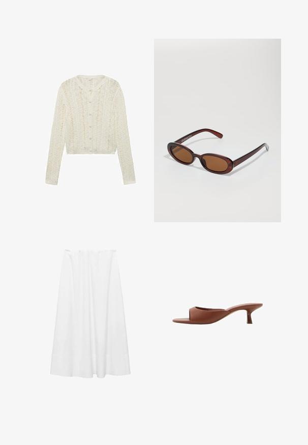 Valkoinen neulotusta langasta valmistettu kardigan, jossa on pitkät hihat, pyöreä pääntie ja nappikiinnitys. Kardigaanissa on teksturoitu kuvio ja lyhyt malli.; Valkoinen t-paita, joka on valmistettu puuvillasta, pyöreällä pääntiellä, lyhyillä hihoilla ja rentona istuvuutena. Suora pinta ilman kuvioita tai koristeluita.; Valkoinen midi-hame, joka on valmistettu kevyestä kankaasta. Siinä on joustava vyötärö, sileä pinta ja hieman levenevä siluetti, jossa on helmaviimeistely.; Ruske avto čevlji s peto, odprti spredaj, z gladko mat površino, ki imajo ukrivljen dizajn in prozorno, stožčasto peto.; Pyöreät, ruskehtavat aurinkolasit, joissa on kiiltävä burgundinpunainen runko. Kapeat sivut, joissa on hienovarainen brändäys. Litteät linssit.; Kudottu olkilaukku ruskeilla nahkaosilla, kahdella kahvalla ja irrotettavalla hihnalla. Koukkumainen muoto, jossa tukeva pohja.