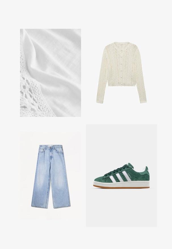 Weißer Strickcardigan mit langen Ärmeln, rundem Ausschnitt und Knopfverschluss, mit strukturiertem Muster und cropped Design.; Weißer Stoff mit einer strukturierten Spitze aus Häkelmuster, glatter Textur und einem leichten Glanz. Das Gesamtbild ist sauber und minimalistisch.; Bershka WIDE-LEG - Wide Leg - light-blue denim; Grüne Wildleder-Sneaker mit weißen Lederstreifen, Gummisohle, gepolsterter Kragen und minimalistischem Design. Mit Branding an der Seite.