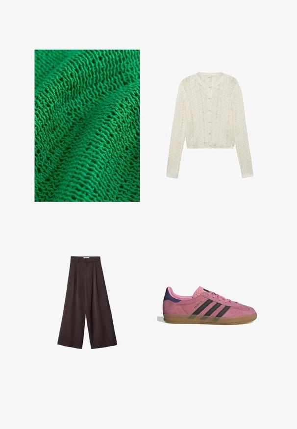 Bijela pletena jakna s dugim rukavima, okruglim izrezom i kopčanjem na dugmad, s teksturiranim uzorkom i skraćenim dizajnom.; Zeleni pleteni tekstil s teksturiranim uzorkom i labavim, otvorenim tkanjem, prikazuje fine niti i više vidljivih šavova.; Crne široke hlače s visokim strukom, s prednjim plisiranjima i kopčanjem na dugme u struku, izrađene od glatkog materijala.; Roze nubuk tenisice s crnim prugama, gumeni potplat i teksturirani ljubičasti petni dio. Imaju vezivanje i utisnuti brend na strani.