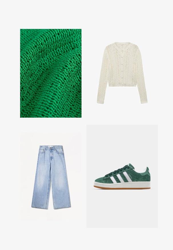 Hvid strikket cardigan med lange ærmer, rund halsudskæring og knaplukning, der har et struktureret mønster og cropped design.; Grøn strikket tekstil med et tekstureret mønster og en løs og åben vævning, der fremviser fine garn og flere synlige sting.; Bershka WIDE-LEG - Wide leg - light-blue denim; Grønne ruskinds sneakers med hvide læderstriber, gummisål, polstret krave og minimalistisk design. Har branding på siden.