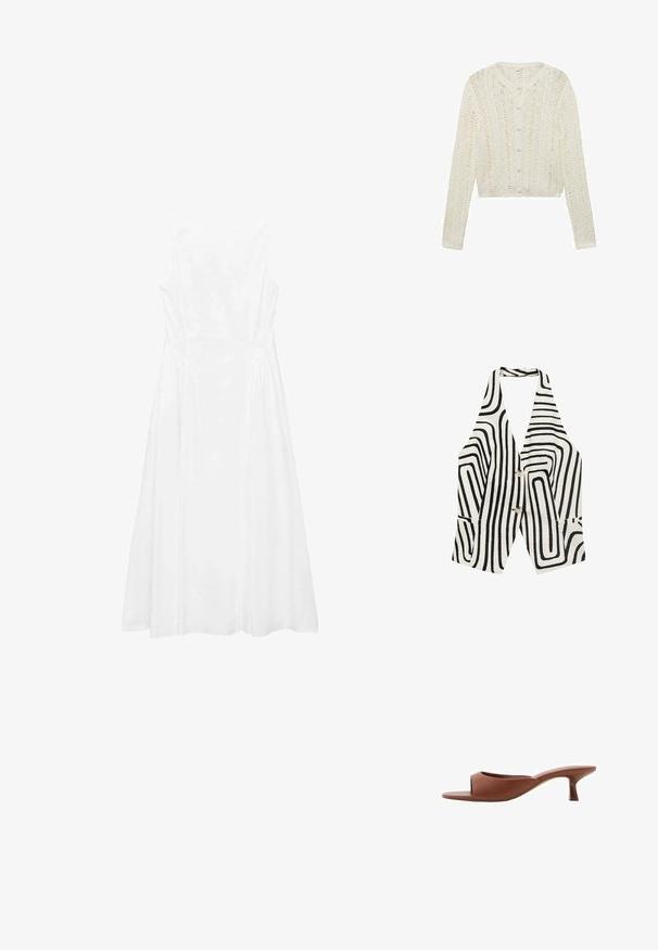 Bijela pletena jakna s dugim rukavima, okruglim izrezom i kopčanjem na dugmad, s teksturiranim uzorkom i skraćenim dizajnom.; Crno-bijeli bezrukavnik s uzorkom valova, dva prednja džepa i dva dugmeta na sredini. Izrađen od teksturirane tkanine.; Bijela haljina bez rukava s jednostavnim dizajnom, A-linijskim oblikom, glatkom teksturom i detaljima šavova duž bokova.; Smeđe sandale s otvorenom nožnom prstom i potpeticom, s glatkom, mat završnom obradom, koje imaju zakrivljen dizajn i prozirnu, suženu potpeticu.; Woven straw basket torba s smešnim kožnim detaljima, dva ručka i odvojivim remenom. Savijen oblik s čvrstim dnom.
