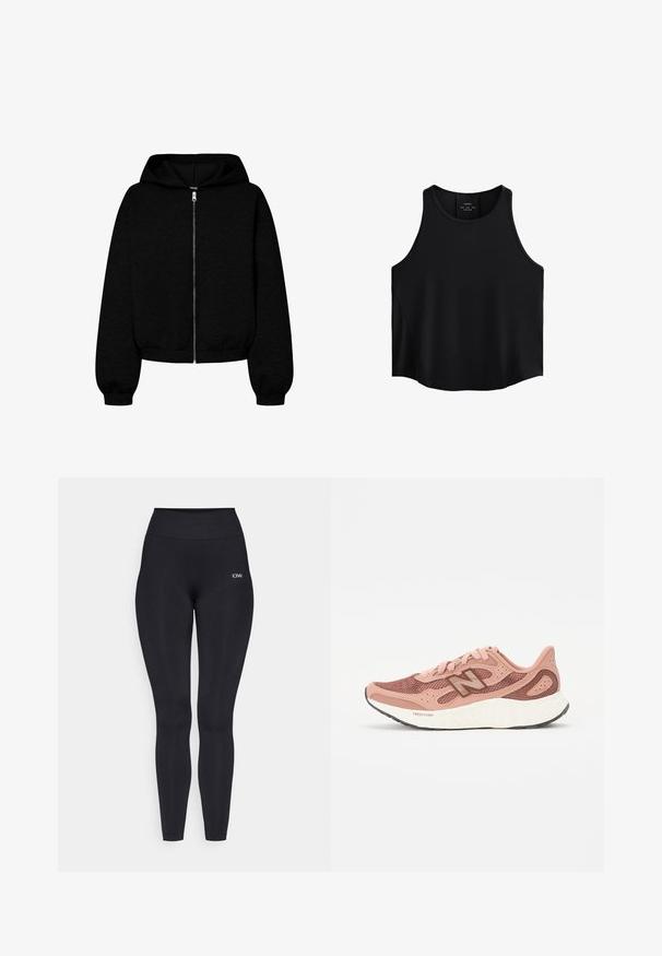 Czarna bluza z kapturem zapinana na zamek, z dużym kapturem, elastycznymi mankietami i krótkim krojem. Materiał wydaje się miękki o gładkiej teksturze.; Czarny bezrękawnik z gładkiego materiału, z okrągłym dekoltem, prostym krojem oraz bocznymi panelami o subtelnej teksturze.; Czarne legginsy z wysokim stanem, wykonane z gładkiego, elastycznego materiału. Posiadają mały detal z logo w pobliżu pasa.; Różowe buty biegowe z siateczkową cholewką, charakteryzujące się teksturowanym wzorem i brązowymi akcentami. Lekka podeszwa z wyraźnym amortyzacją.