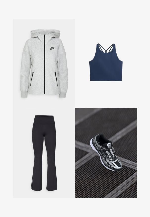 Nike kapucnis pulóver világosszürke színben, elülső cipzárral, két oldalsó zsebbel cipzárral, és fekete logóval a bal mellrészen.; Sötétkék, sima textúrájú crop top, melynek hátán több vékony pánt található, keresztezett dizájnnal. Nincsenek látható minták vagy kiegészítések.; Fekete, bővülő nadrág, magas derékkal, rugalmas anyagból készült. Simább textúrával és fehér oldalsávokkal rendelkezik az varrás mentén.; Nike futócipő, fekete és ezüst színvilággal, hálós felső résszel, texturált talppal és biztos illeszkedést biztosító fűzőrendszerrel.
