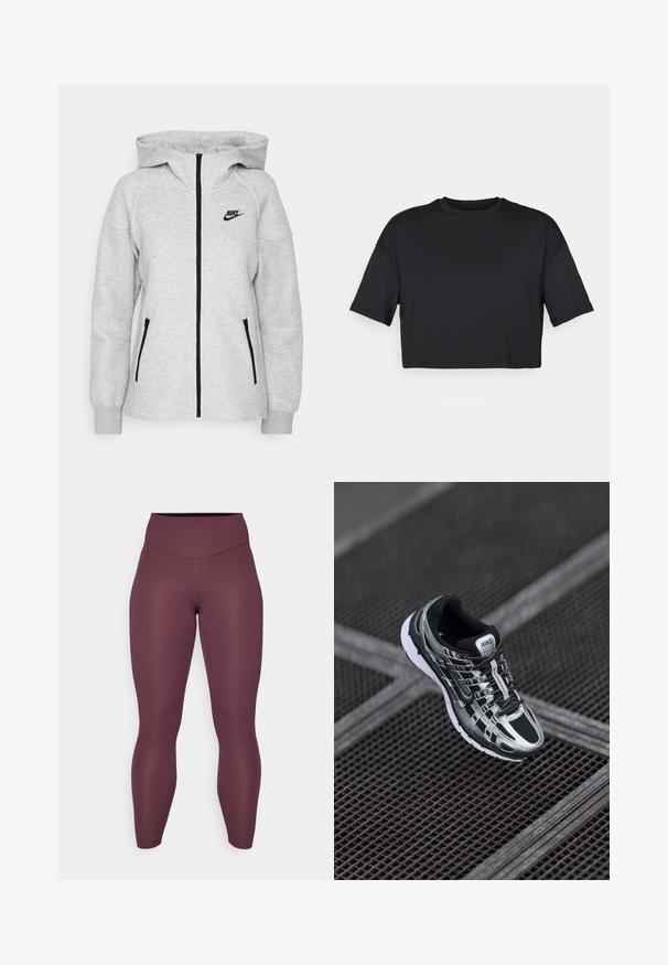Hanorac cu glugă Nike de culoare gri deschis, dotat cu un fermoar frontal, două buzunare laterale cu fermoar și un logo negru pe pieptul stâng.; Tricou scurt negru, confecționat dintr-un material moale, cu decolteu rotund și mâneci scurte și largi, având un design simplu, fără cusături.; Leggings bordeaux dintr-un material elastic; talie înaltă, design mulat, textură netedă, cusături fără cusături și fără modele sau accente vizibile.; Pantofii de alergare Nike cu un design în nuanțe de negru și argintiu, partea superioară din plasă, talpă texturată și sistem de șireturi pentru o fixare sigură.