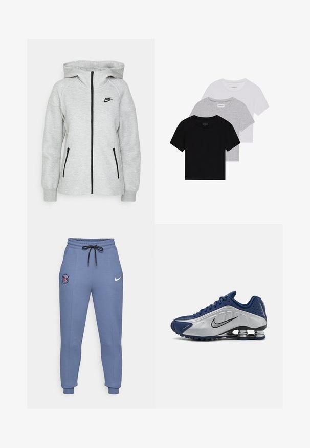 Nike Kapuzenpullover in Hellgrau mit einem vorderen Reißverschluss, zwei seitlichen Reißverschlusstaschen und einem schwarzen Logo auf der linken Brust.; Set aus drei kurzärmeligen T-Shirts in Schwarz, Grau und Weiß. Hergestellt aus Baumwolle, mit Rundhalsausschnitt und einem einfachen, einfarbigen Design.; Blaue Jogginghosen aus Baumwollmischung mit elastischem Bund, schwarzem Kordelzug, seitlichen Taschen, gerippten Bündchen und mit einem Paris-Logo sowie dem Nike-Swoosh.; Blaue und silberne Sportschuhe mit einer strukturierten Oberseite, Perforationen und einer gebogenen Sohle, die über metallische Dämpfungselemente verfügt. Schwarzes Logo-Detail.