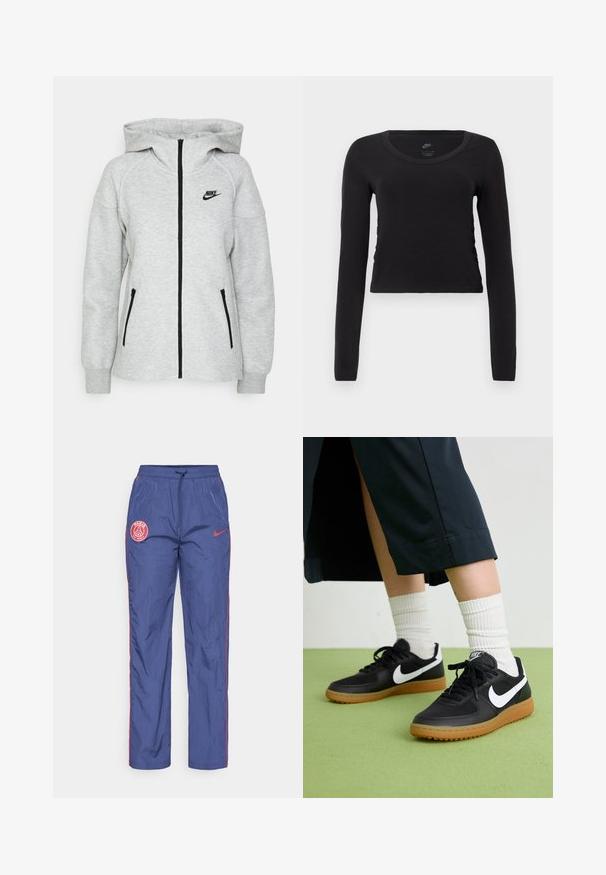 Nike kapuca v svetlo sivi barvi, s sprednjim zadrgo, dvema stranskima žepoma z zadrgo in črnim logotipom na levi prsih.; Dolga majica s kratkimi rokavi, skrajšana, v enotni črni barvi iz bombaža. Ima okroglo ovratnik in rahlo nabiranje na straneh za prileganje.; Modre hlače za sledenje Paris Saint-Germain Nike z rdečimi logotipnimi oznakami, rdečimi obrobami ob straneh in elastičnim pasom z vrvico.; Črne usnjene in sintetične superge z belim Nike swooshom, gumo na podplatu, okroglo konico ter črnimi vezalkami. Vidne so rebraste bele nogavice.