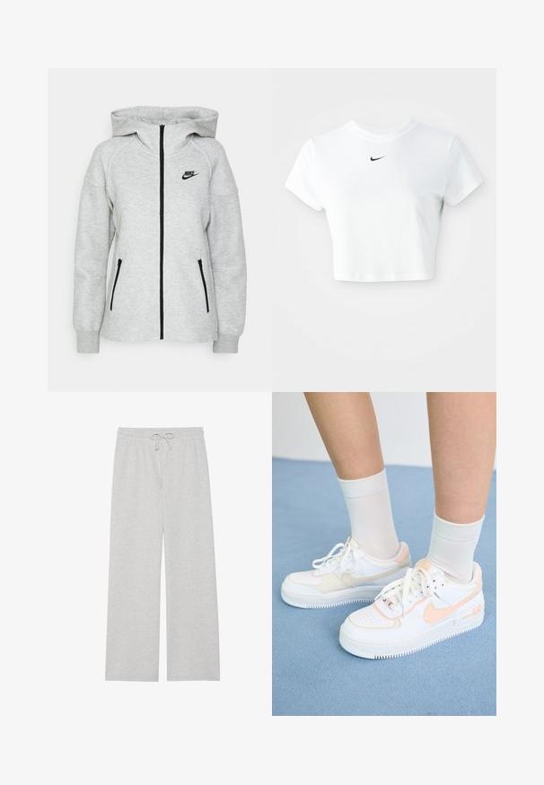 Fato de treino com capuz da Nike em cinza claro, com fecho na frente, dois bolsos laterais com zíper e um logótipo preto no lado esquerdo do peito.; T-shirt branca cropped, feita de algodão, com mangas curtas e decote redondo, apresentando o logótipo da Nike em preto no peito.; Calças de treino cinza claro em mistura de algodão suave, com um design de perna larga, cintura elástica com cordão ajustável e sem bolsos.; Sapatilhas brancas com detalhes em pêssego, parte superior em couro liso, biqueira perfurada, sola texturizada e atacadores. Usadas com meias brancas até ao tornozelo sobre uma superfície azul.