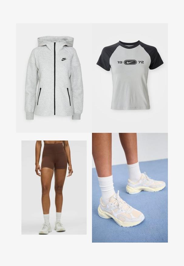 Nike kapuutsiga sviiter helesinises, millel on ees lukuga tõmblukk, kaks külgtaskut lukkudega ja must logo vasakul rinnal.; Hall grey ja must lühikeste varrukatega T-särk, millel on ümar kaelus, ning esiküljel on keskel must logo ja tekst "1972".; Pruun kõrge vöökoha atletikud, mis on valmistatud siledast, venivast materjalist. Omab kitsa sobivust ja minimaalseid õmblusi mugavuse tagamiseks.; Siledatletilised jalanõud helesinises ja valges, koosnevad võrkmaterjalidest ja sünteetilistest materjalidest, ümar kuju ja tekstuuriga tallad.