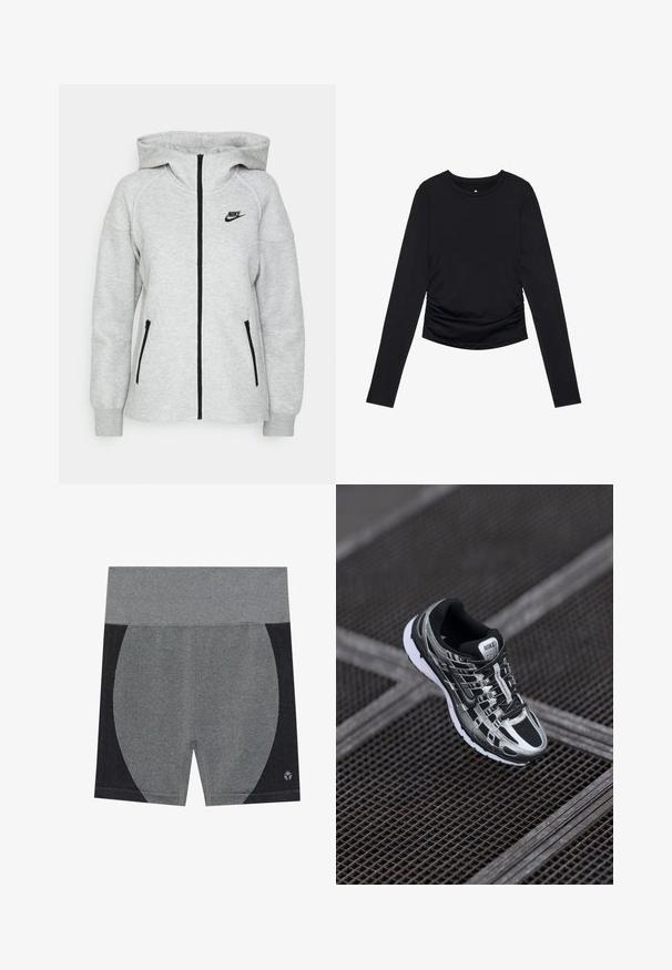 Nike hooded sweatshirt in light grey, featuring a front zipper, two side pockets with zippers, and a black logo on the left chest.; Black long-sleeve top with a round neckline and gathered detailing at the sides, displayed against a plain white background.; Gray athletic shorts with a wide elastic waistband. Features a textured black side panel and a logo on the bottom right. Smooth material.; Nike running shoe featuring a black and silver color scheme, mesh upper, textured sole, and lacing system for secure fit.