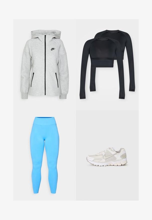 Nike kapuutsiga sviiter helesinises, millel on ees lukuga tõmblukk, kaks külgtaskut lukkudega ja must logo vasakul rinnal.; Mustad lühendatud musta värvi pika varrukaga topp, mis on valmistatud siledast elastset kangast. Omadusteks on ümmargune kaelus ja kontrastsed õmblused lisadetailide jaoks.; Sinised legginsid venivast kangast, kõrgendatud vöökohaga. Sile tekstuur ja keha lähedane disain, ulatudes pahkluudeni.; Valge spordijalats, mis on valmistatud võrkpinnast ja sünteetilistest materjalidest. Omab tekstuurset disaini, pehmendatud kaelaosasid ja geomeetrilisi aktsente kannal.