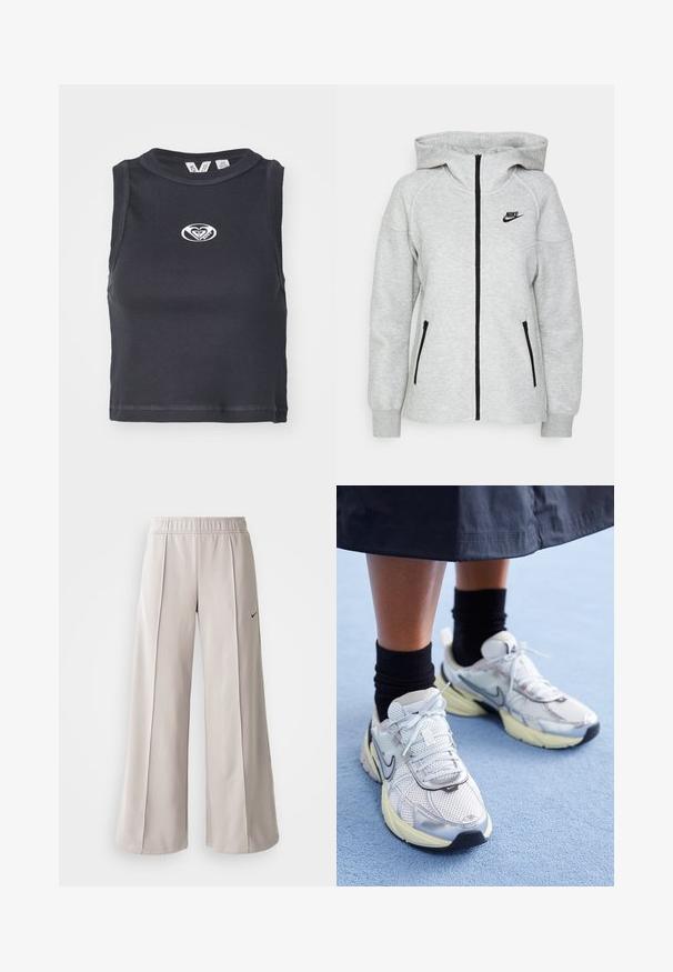 Hanorac cu glugă Nike de culoare gri deschis, dotat cu un fermoar frontal, două buzunare laterale cu fermoar și un logo negru pe pieptul stâng.; Top scurt ribbed negru cu guler rotund și design fără mâneci. Prezintă un logo alb centrat pe piept. Textură netedă.; Pantaloni largi de culoare gri deschis, confecționați dintr-un material neted. Au o talie elastică și un logo Nike negru pe partea stângă.; Adidași Nike albi și argintii, cu material din plasă, accente reflexive și talpă bej. Purtați cu șosete negre, stând pe o suprafață albastră.