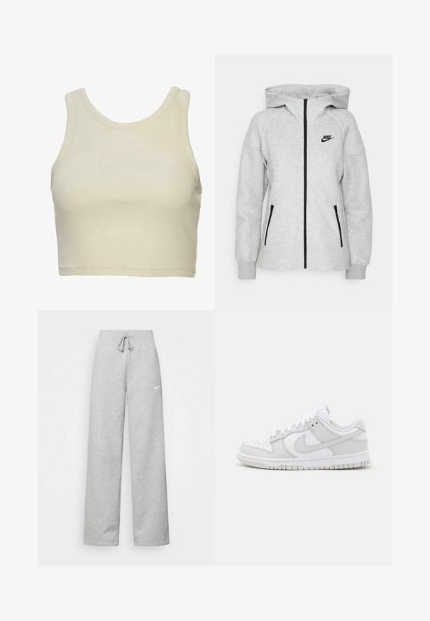 Nike hettegenser i lys grå, med frontglidelås, to sidelommer med glidelås og en svart logo på venstre bryst.; En avkortet tanktop i myk kremfarget stoff, med ribbet tekstur og en subtil brodert logo på fronten. Minimalistisk design.; Grå joggebukser med elastisk midje, snøring og en liten hvit Nike-logo på venstre lår. Mykt stoff, løs passform.; Hvite lær sneakers med grå detaljer, perforert tå, flate lisser, polstret krage og en teksturert gummisåle.