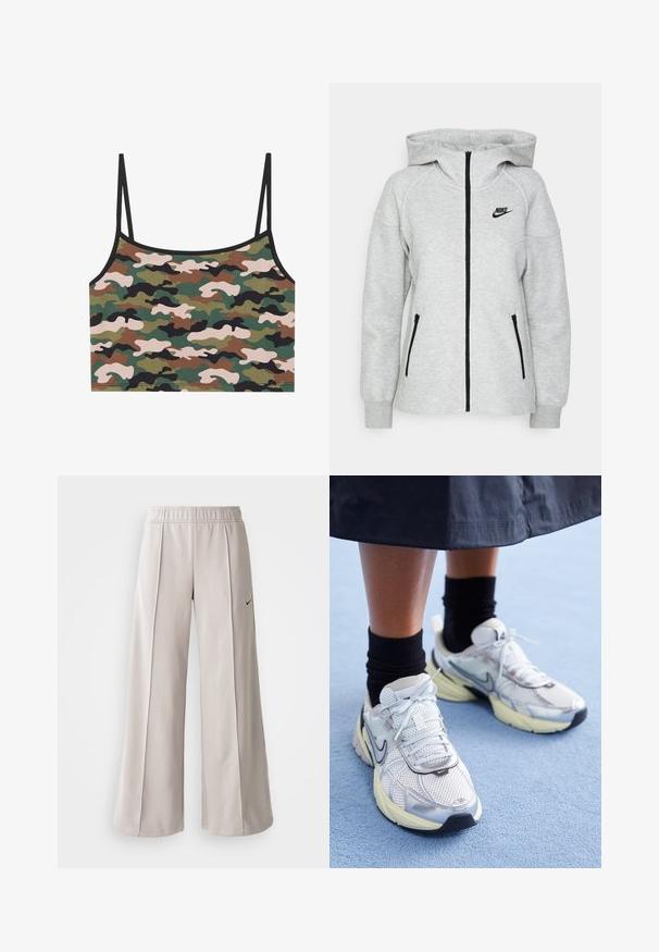 Hanorac cu glugă Nike de culoare gri deschis, dotat cu un fermoar frontal, două buzunare laterale cu fermoar și un logo negru pe pieptul stâng.; Top scurt cu model de camuflaj în nuanțe de verde, maro și roz. Fabricat dintr-un material moale, cu bretele subțiri ajustabile și margine neagră.; Pantaloni largi de culoare gri deschis, confecționați dintr-un material neted. Au o talie elastică și un logo Nike negru pe partea stângă.; Adidași Nike albi și argintii, cu material din plasă, accente reflexive și talpă bej. Purtați cu șosete negre, stând pe o suprafață albastră.
