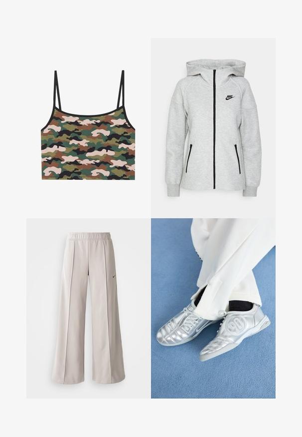 Mikina s kapucí Nike ve světle šedé barvě, s předním zipem, dvěma bočními kapsami se zipy a černým logem na levém prsu.; Kraťasový top v camouflage vzoru se zelenými, hnědými a růžovými motivy. Vyroben z měkké tkaniny s tenkými nastavovacími ramínky a černým lemem.; Světlé šedé široké kalhoty vyrobené z hladké látky. Mají elastický pas a černé logo Nike na levé straně.; Stříbrné sportovní boty s hladkým, lesklým povrchem, se šitým designem a číslem 90 na boku, spárované s bílými kalhotami.