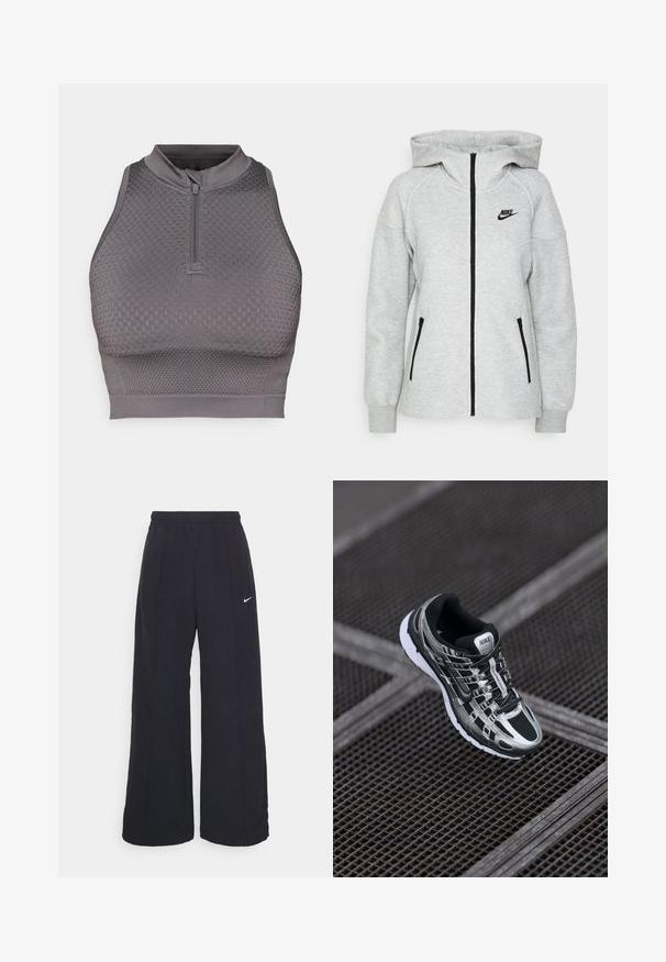 Nike huvtröja i ljusgrått, med dragkedja fram, två sidfickor med dragkedja och en svart logotyp på vänster bröst.; Grå atletisk crop top med zip-krage, texturerat mönster, figurnära design och en slät finish vid fållen och ärmhålen.; Svarta byxor med vida ben, elastisk midja och en liten vit Nike-logotyp. Tyget har en slät yta, designad för komfort och avslappnad användning.; Nike löparskor med en svart och silver färgsättning, mesh-överdel, strukturerad sula och snörningssystem för en säker passform.