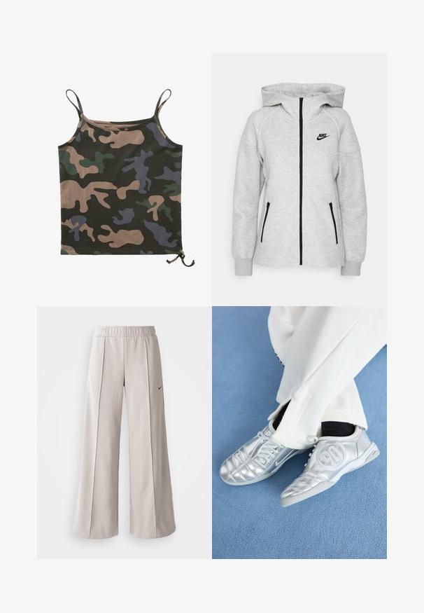 Nike kapuutsiga sviiter helesinises, millel on ees lukuga tõmblukk, kaks külgtaskut lukkudega ja must logo vasakul rinnal.; Brandit Topp - darkcamo; Heledad hallide püksid, mis on valmistatud siledast kangast. Omab elastset vöökohta ja musta Nike logo vasakul küljel.; Hõbedased spordijalatsid, millel on sile ja läikiv pind, eristuvad õmmeldud mustriga ning külje peal on number 90, millele on lisatud valged püksid.