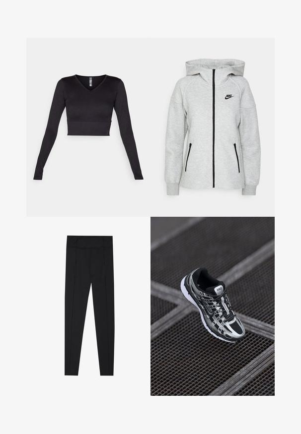 Mikina Nike s kapucňou v svetlosivej farbe, s predným zipsom, dvoma bočnými vreckami so zipsom a čiernym logom na ľavej hrudi.; Čierny krátky top s dlhým rukávom a výstrihom do V, vyrobený z hladkej tkaniny, so ribbovaným lemeom a priliehavým strihom.; Čierne legíny s hladkou textúrou, vysokým pásom a prešívaním pozdĺž strán. Úzky strih, vhodné na rôzne aktivity.; Bežecká obuv Nike s čierno-striebornou farebnou schémou, sieťovinovým zvrškom, štruktúrovanou podrážkou a systémom šnurovania pre bezpečné uchytenie.