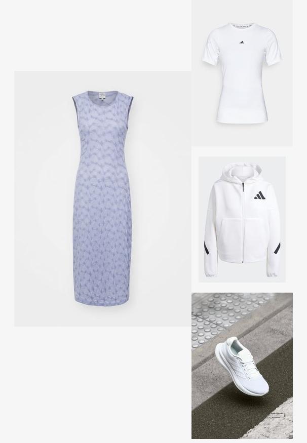 Baltas užtrauktukas su juodais akcentais, didelėmis priekinių kišenėmis, minkšta tekstūruota medžiaga ir atsipalaidavęs fasonas. Turi kapučioną ir prekės ženklą ant krūtinės.; Šviesiai purpurinė be rankovių suknelė su tekstūriniu raštu, primenančiu bangas. Turi apvalų kaklą ir tiesią, iki kulkšnių siekiančią konstrukciją.; Balta sportinė maikutė trumpomis rankovėmis, pagaminta iš lygaus, elastingo audinio. Ant krūtinės yra mažas juodas Adidas logotipas.; Baltas sportinis batelis su tinklinio audiniu, raišteliais ir tekstūruotu padu. Diskretiška prekės ženklų simbolika ir be siūlių konstrukcijos detalės matomos.