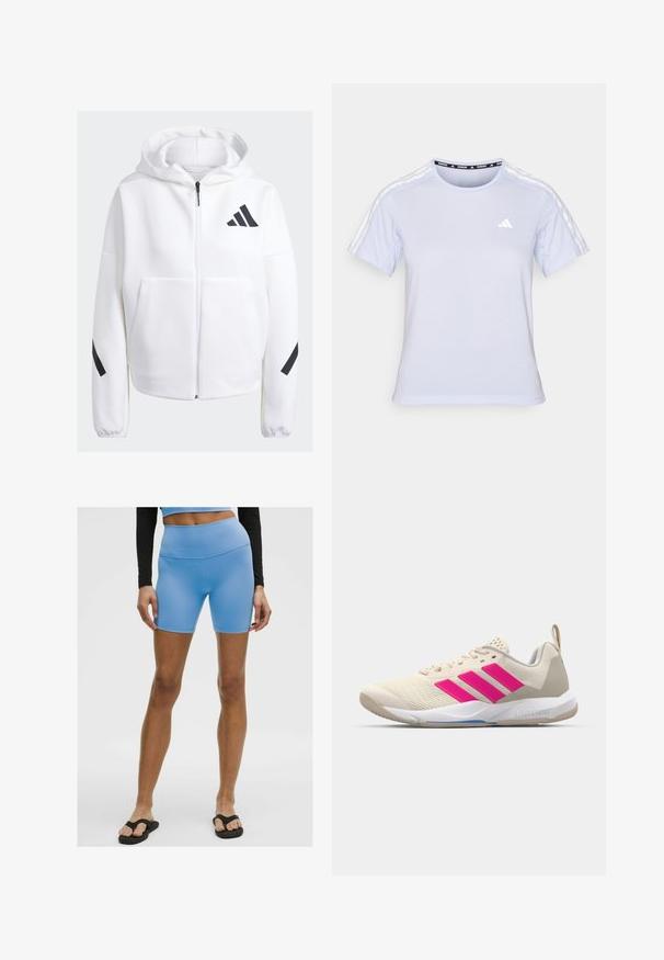 Bela zip-up majica s kapuco in črnimi akcenti, velike sprednje žepi, mehka teksturirana tkanina in sproščen kroj. Ima kapuco in logotip blagovne znamke na prsih.; Svetlo modra kratkodlaka atletska majica, z okroglim izrezom, mrežasto teksturo in tremi belimi črtami na ramenih ter majhnim logotipom.; Svijetloplave atletske kratke hlače napravljene od glatkog, rastezljivog materijala. Imaju visok struk i prilagođen kroj, u kombinaciji s crnim japankama.; Bežni atletski čevlji z rožnatim logotipom s tremi črtami, teksturiran zgornji del iz mrežaste tkanine, oblazinjen ovratnik in bel gumijast podplat, ki nosi blagovno znamko "LIGHTSTRIKE".