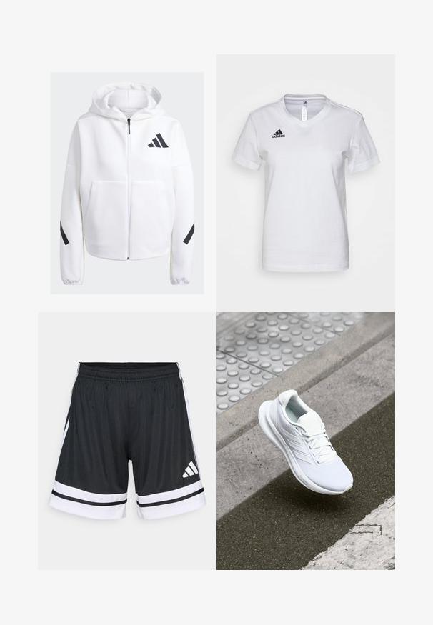 Fleece branca com fecho e preto, grandes bolsos frontais, tecido suave e texturizado, e um corte relaxado. Apresenta um capuz e o logótipo da marca no peito.; T-shirt de algodão branco com um design de decote em V, mangas curtas e um logo preto da Adidas na área do peito esquerdo. Textura suave, ajuste clássico.; Calções desportivos pretos com riscas brancas e três riscas horizontais na barra. Cintura elástica e logótipo da Adidas em branco na coxa esquerda.; Shoe atlético branco com parte superior em rede, design de atacadores e sola texturizada. Branding subtil e detalhes de construção sem emendas visíveis.