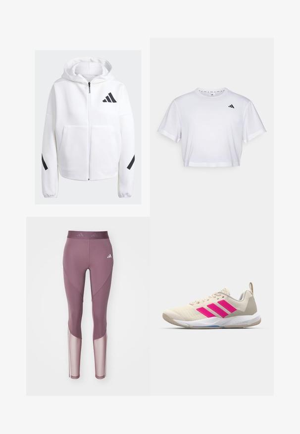 Bijela zip-jakna s crnim detaljima, velikim prednjim džepovima, mekanim teksturiranim materijalom i opuštenim krojem. Sadrži kapuljaču i logo brenda na prsima.; Bijela skraćena majica od mekog materijala, s kratkim rukavima i okruglim izrezom. Crni logo na lijevoj strani prsnog koša.; adidas Performance Tajice - shadow fig/white; Bež sportska cipela s ružičastim logotipom u obliku tri pruge, gornjište od teksturirane mrežice, podstavljeni ovratnik i bijela gumena đon, s "LIGHTSTRIKE" brendom.