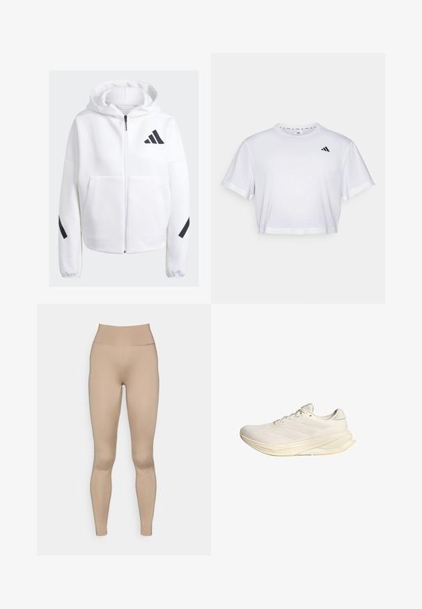 White zip-up hoodie with black accents, large front pockets, soft textured fabric, and a relaxed fit. Features a hood and brand logo on chest.; White cropped t-shirt made from soft fabric, featuring short sleeves and a round neckline. Black logo on the left chest.; Light beige leggings with a high waistband, made from smooth, stretchy material, featuring no visible seams or patterns.; Light beige athletic shoe with a mesh upper, flat laces, and a cushioned sole. Features three stripes design on the lateral side.