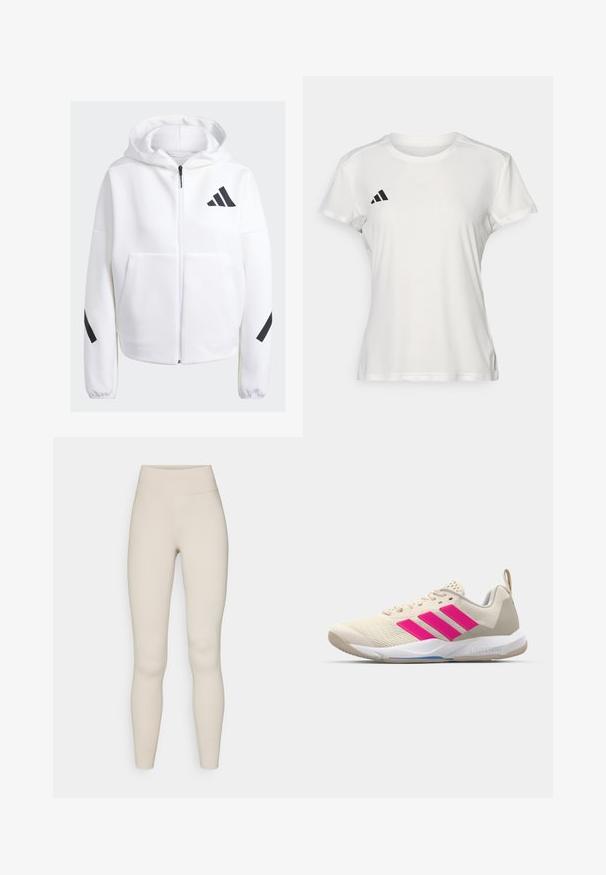 Balts zip-up džemperis ar melniem akcentiem, lieli priekšējie kabatas, mīksts teksturēts audums un brīvs griezums. Iekļauj kapuci un zīmola logo uz krūšu daļas.; Balts sporta T-krekls, kas izgatavots no mitrumu absorbējoša auduma. Īsās piedurknes, apaļa kakla izgriezums, kreisajā krūtī ir melna logo un trīs svītru emblema.; Beigi aktīvi legingi ar augstu jostasviedu, gludu tekstūru un pieguļošu dizainu. Iezīmē minimālas šuves un nav redzamas zīmolu atpazīšanas.; Beige sporta apavi ar rozā trīs svītru logotipu, strukturētu acu augšdaļu, mīkstu apkaklīti un balto gumijas zoli, ar "LIGHTSTRIKE" zīmolu.