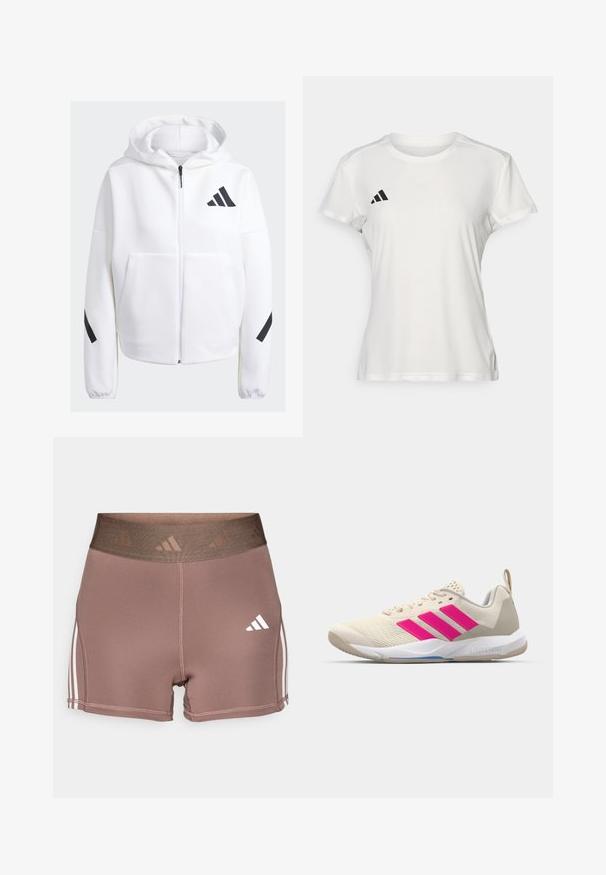 Biely zip-up sveter s čiernymi akcentmi, veľkými prednými vreckami, mäkkou textúrovanou tkaninou a voľným strihom. Obsahuje kapucňu a logom značky na prsiach.; Biely športový tričko vyrobené z tkaniny odvádzajúcej vlhkosť. Krátke rukávy, okrúhly výstrih, s čiernym logom a emblémom s tromi pruhmi na ľavej hrudi.; Hnedé atletické šortky s širokým, textúrovaným pásom. Sú vybavené bielymi trojprúžkovými akcentami po stranách a malým bielym logom.; Béžová atletická obuv s ružovým logom trojpruhov, textúrovaný sieťový zvršok, polstrovaný golier a biela gumová podrážka s označením "LIGHTSTRIKE".