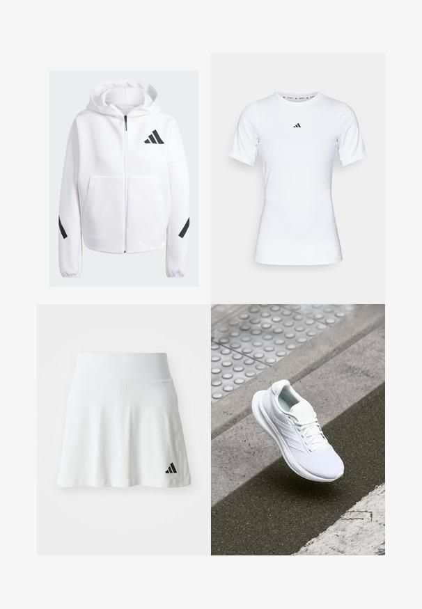 Baltas užtrauktukas su juodais akcentais, didelėmis priekinių kišenėmis, minkšta tekstūruota medžiaga ir atsipalaidavęs fasonas. Turi kapučioną ir prekės ženklą ant krūtinės.; Balta sportinė maikutė trumpomis rankovėmis, pagaminta iš lygaus, elastingo audinio. Ant krūtinės yra mažas juodas Adidas logotipas.; Balta sportinė sijonas su minkšta tekstūra, išsiplėtusiu dizainu ir juodu Adidas logotipu kairiajame apatiniame kampe. Lygi, elastinga juostos dalis.; Baltas sportinis batelis su tinklinio audiniu, raišteliais ir tekstūruotu padu. Diskretiška prekės ženklų simbolika ir be siūlių konstrukcijos detalės matomos.