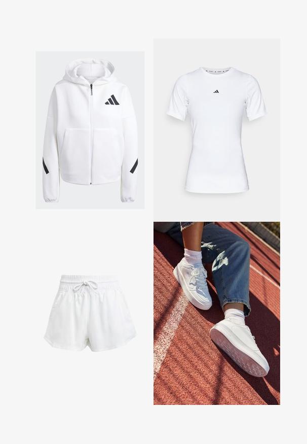 Bela zip-up majica s kapuco in črnimi akcenti, velike sprednje žepi, mehka teksturirana tkanina in sproščen kroj. Ima kapuco in logotip blagovne znamke na prsih.; Bela športna majica s kratkimi rokavi, narejena iz gladkega, elastičnega materiala. Na prsih ima majhen črn logotip Adidas.; Bela športna kratka hlače z elastičnim pasom in nastavljivim vrvico. Narejena iz lahkega materiala, z bočnimi žepi in ohlapnim prilegajočim se krojem.; Bele usnjene športne copate s perforiranim prstom, ravne vezalke in gumijastim podplatom. Obute z belimi nogavicami in svetlo modrimi kavbojkami, na rdečem tekaškem stadionu.