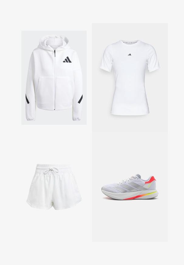 Felpa bianca con zip, dettagli neri, ampie tasche frontali, tessuto morbido e dalla consistenza piacevole, e una vestibilità rilassata. Presenta un cappuccio e il logo del marchio sul petto.; Maglietta sportiva bianca a maniche corte, realizzata in tessuto liscio e elasticizzato. Presenta un piccolo logo Adidas nero sul petto.; Pantaloni sportivi bianchi con cintura elastica e cordino regolabile. Realizzati in materiale leggero, presentano tasche laterali e una vestibilità ampia.; Scarpa atletica bianca con tomaia in rete, dettagli grigi, strisce riflettenti e suola con gradiente arancione-giallo brillante. Presenta una intersuola ammortizzata.