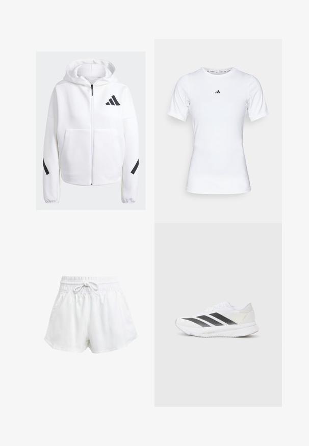 White zip-up hoodie with black accents, large front pockets, soft textured fabric, and a relaxed fit. Features a hood and brand logo on chest.; White athletic shirt with short sleeves, made of smooth, stretch fabric. Features a small black Adidas logo on the chest.; White athletic shorts with an elastic waistband and adjustable drawstring. Made from lightweight material, featuring side pockets and a loose fit.; White athletic shoe with black diagonal stripes, mesh upper, rounded toe, and textured sole. Accents include a silver heel and minimalistic design.