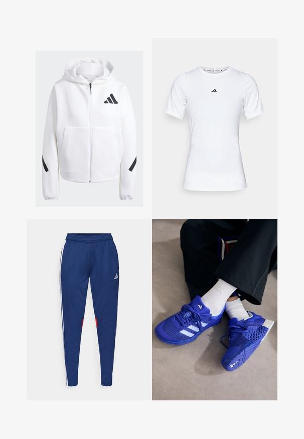 Valkoinen vetoketjuhuppari mustilla yksityiskohdilla, suuret etupockets, pehmeä tekstiilipinta ja rento fit. Mukana huppu ja brändilogo rinnassa.; Valkoinen urheilupaita lyhyillä hihoilla, valmistettu sileästä ja joustavasta kankaasta. Rinnassa on pieni musta Adidas-logo.; Tummansiniset urheiluhousut, joissa on valkoiset sivuraidat, joustava vyötärö ja punaiset yksityiskohdat helmassa. Valmistettu sileästä ja kevyestä kankaasta.; Sandaalit siniset urheilu kengät, joissa on valkoisia yksityiskohtia; verkko yläosa, teksturoitu sivut, paksu kumi pohja ja yksityiskohtainen nauhoitusjärjestelmä.