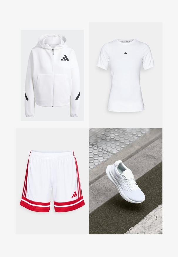 Valkoinen vetoketjuhuppari mustilla yksityiskohdilla, suuret etupockets, pehmeä tekstiilipinta ja rento fit. Mukana huppu ja brändilogo rinnassa.; Valkoinen urheilupaita lyhyillä hihoilla, valmistettu sileästä ja joustavasta kankaasta. Rinnassa on pieni musta Adidas-logo.; Valkoiset urheilushortsit, joissa on punaiset sivupaneelit ja reuna. Ominaisuudet: joustava vyötäröneule ja punainen Adidas-logo vasemmassa alakulmassa.; Valkoiset urheilukengät, joissa on verkkopinta, nauhakiinnitys ja teksturoitu pohja. Huomaamaton brändäys ja saumatonta rakennetta korostavat yksityiskohdat.