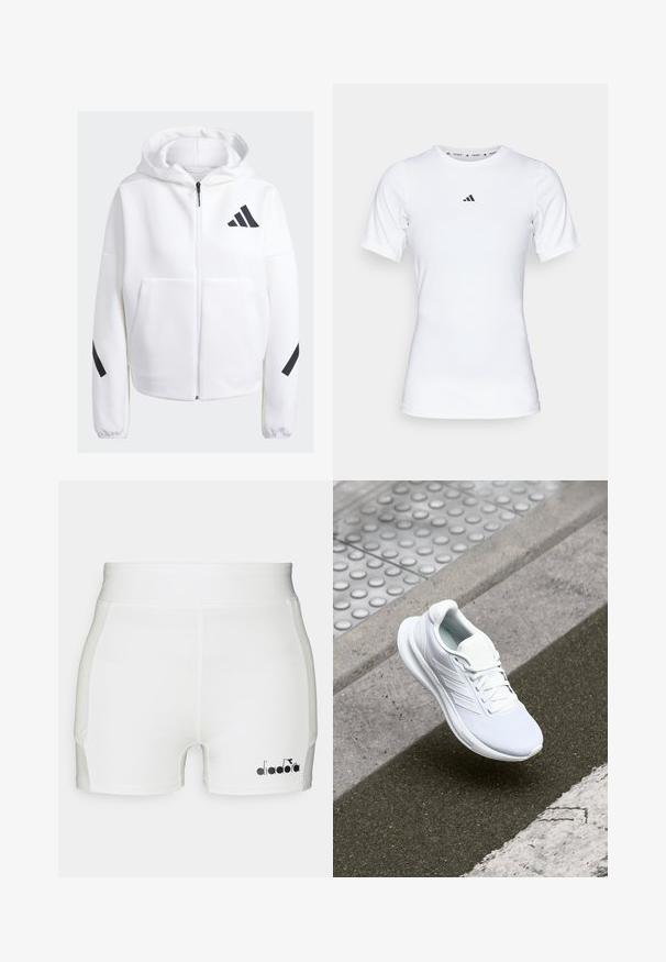 Witte zip-up hoodie met zwarte accenten, grote voorkruiszakken, zachte textuur en een ontspannen pasvorm. Beschikt over een capuchon en een merklogo op de borst.; Witte sportshirt met korte mouwen, gemaakt van zachte, rekbare stof. Voorzien van een klein zwart Adidas-logo op de borst.; Witte sportshorts met een aansluitend ontwerp, gemaakt van een gladde stof, met een zwart logo op de linker onderzijde.; Witte sportschoen met een bovenwerk van mesh, vetersluiting en een textuurrijke zool. Subtiele branding en naadloze constructiedetails zichtbaar.
