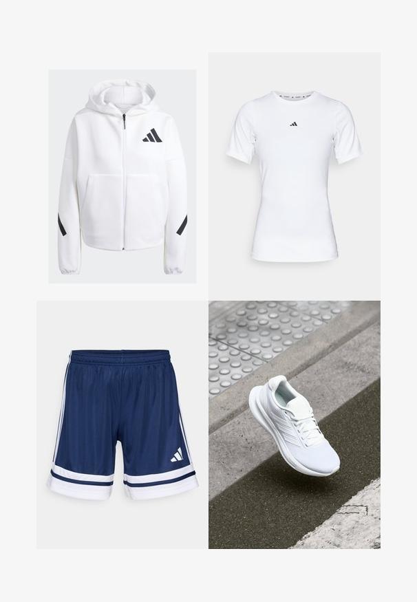 Fleece branca com fecho e preto, grandes bolsos frontais, tecido suave e texturizado, e um corte relaxado. Apresenta um capuz e o logótipo da marca no peito.; Camisola atlética branca com mangas curtas, feita de tecido liso e elástico. Apresenta um pequeno logotipo preto da Adidas no peito.; Calções esportivos azul-marinho feitos de um tecido leve, com detalhes brancos e três riscas brancas nas laterais. Cintura elástica ajustável.; Shoe atlético branco com parte superior em rede, design de atacadores e sola texturizada. Branding subtil e detalhes de construção sem emendas visíveis.