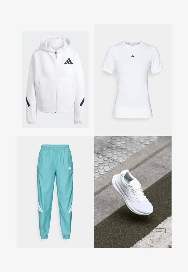 Bijela zip-jakna s crnim detaljima, velikim prednjim džepovima, mekanim teksturiranim materijalom i opuštenim krojem. Sadrži kapuljaču i logo brenda na prsima.; Bjela atletska majica s kratkim rukavima, izrađena od glatkog, rastezljivog materijala. Na prsima se nalazi mali crni Adidas logo.; Tirkizne sportske hlače s elastičnim pojasom, s bijelim dijagonalnim prugama na donjim dijelovima nogu i bočnim džepovima. Izrađene su od laganog materijala.; Bijela atletska cipela s mrežastim gornjim dijelom, vezanjem i teksturiranom potplatom. Neprimjetni brend i detalji bešavne izrade su vidljivi.
